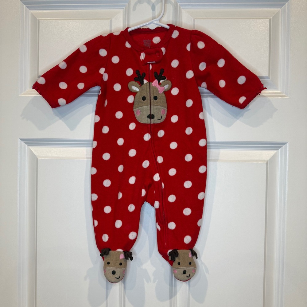 Carters Size 3 Months‎ Red Polka Dot Reindeer Fleece Footed Pajamas